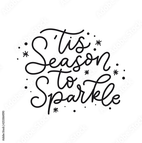 Tis season to sparkle holiday card. Inspirational Christmas lettering quote with doodles. Vector illustration photo