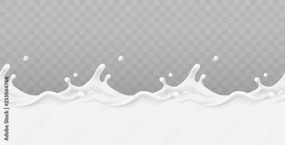 Milk splash seamless pattern isolated on transparent background. 3d realistic yogurt wave border. Vector milky package design.