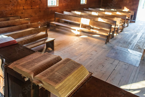 Bible and church pews at Cades Cove Primitive Baptist Church  Great Smoky Mountains National Park