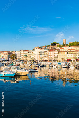 France, Provence-Alpes-Cote d'Azur, Cannes, Le Suquet, Old town, fishing harbor and boats photo