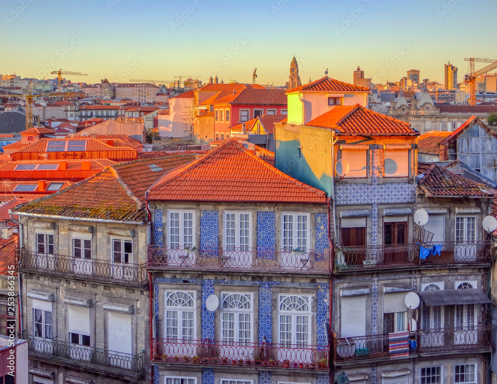 Traditional historic facade of buildings in Porto decorated with azulejos in Porto, Portugal