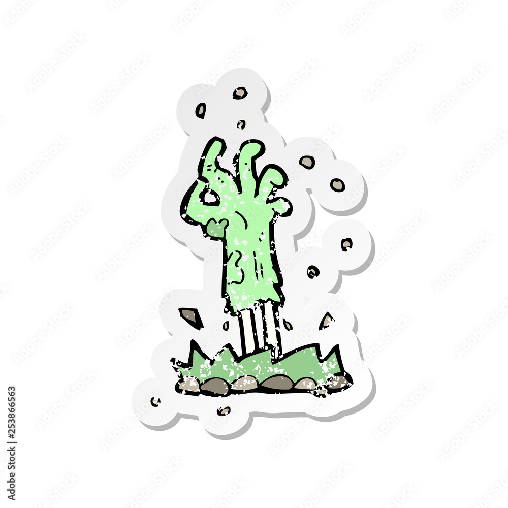 retro distressed sticker of a cartoon zombie hand rising from ground retro distressed sticker of a cartoon zombie hand rising from ground
