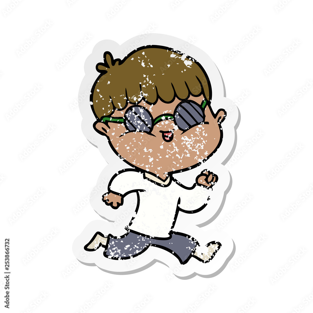 distressed sticker of a cartoon boy wearing sunglasses and running distressed sticker of a cartoon boy wearing sunglasses and running