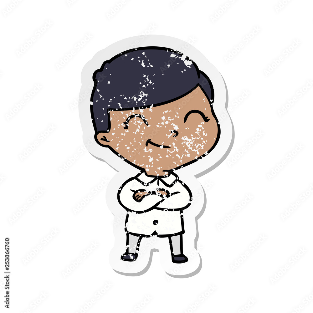 distressed sticker of a cartoon boy smiling distressed sticker of a cartoon boy smiling