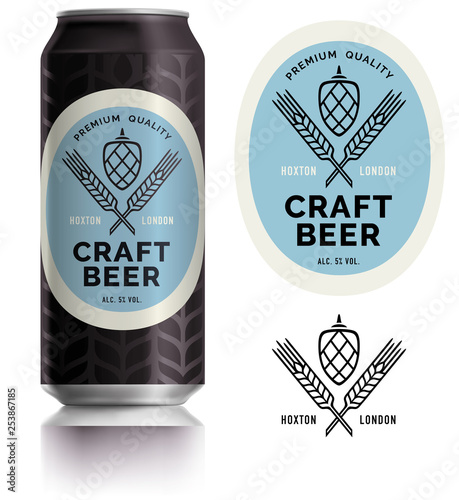 Beer Label vector visual on Black aluminum drinks can 500 ml, ideal for craft beer, lager, ale, stout packaging design etc. Can drawn with mesh tool. Fully adjustable and scalable.