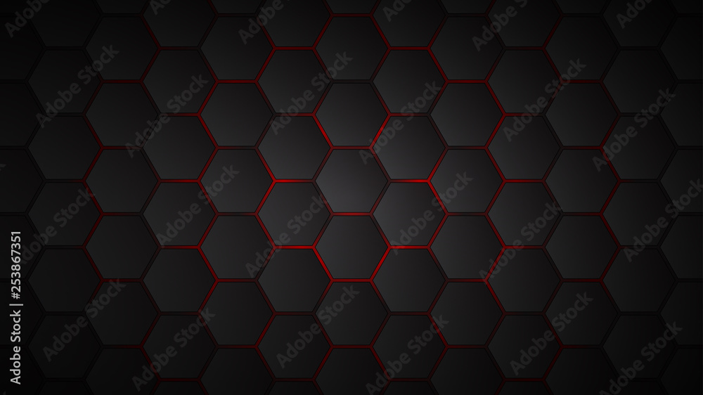 Abstract background of black hexagon tiles with red gaps between them