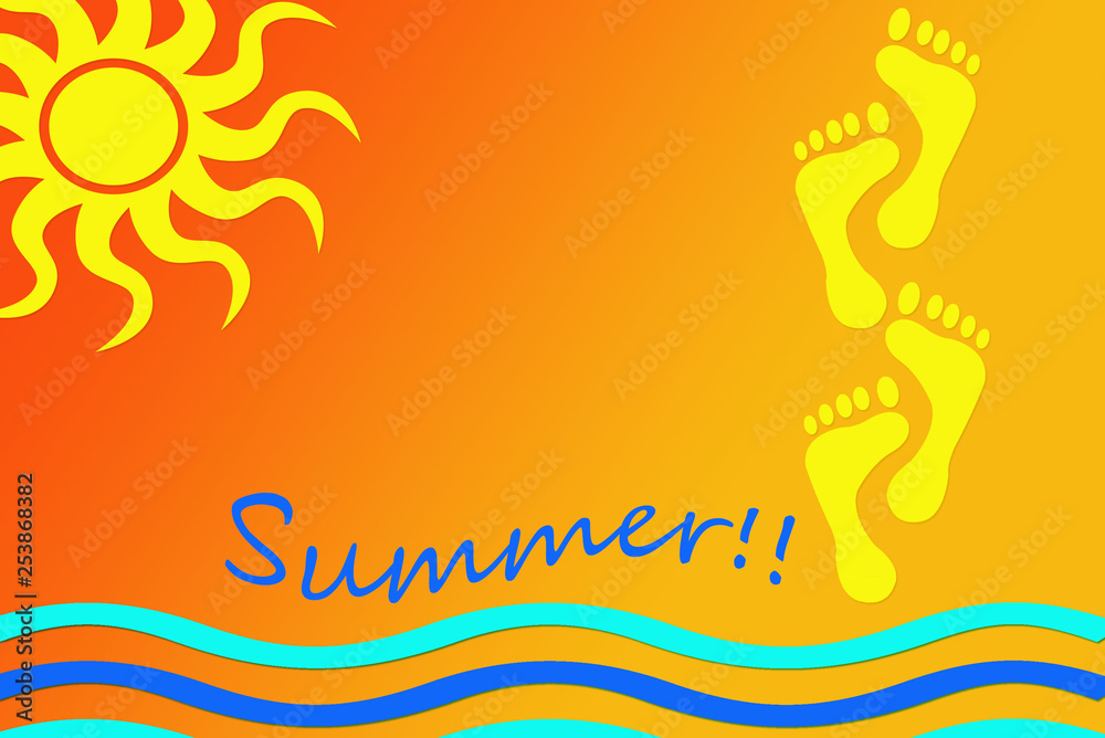 Obraz premium Illustration about summer time with the image of the sun, waves and footprints on a warm background in orange and yellow tones.