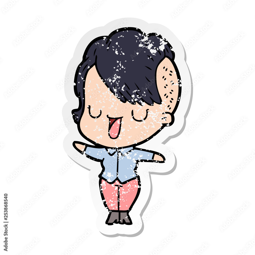 distressed sticker of a cute cartoon girl with hipster haircut distressed sticker of a cute cartoon girl with hipster haircut