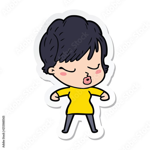 sticker of a cartoon woman with eyes shut