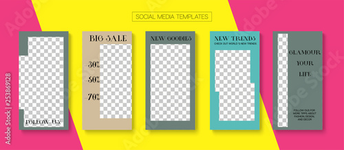 Editable Stories Minimal Vector Layout. Social Media Like and Share, Trends, Sale -50 Photo Frames Kit. Sale Insta Stories Layout