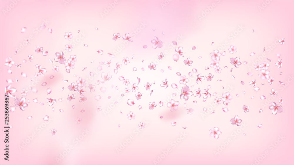 Nice Sakura Blossom Isolated Vector. Spring Flying 3d Petals Wedding Paper. Japanese Nature Flowers Illustration. Valentine, Mother's Day Magic Nice Sakura Blossom Isolated on Rose