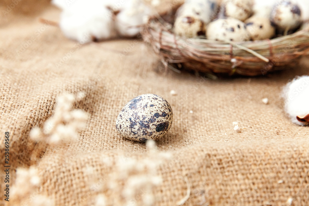 Easter decoration with egg in nest and cotton on brown rustic linen canvas background. Easter concept. Flat lay top view copy space. Spring greeting card Easter decoration with egg in nest and cotton on brown rustic linen canvas background. Easter concept. Flat lay top view copy space. Spring greeting card