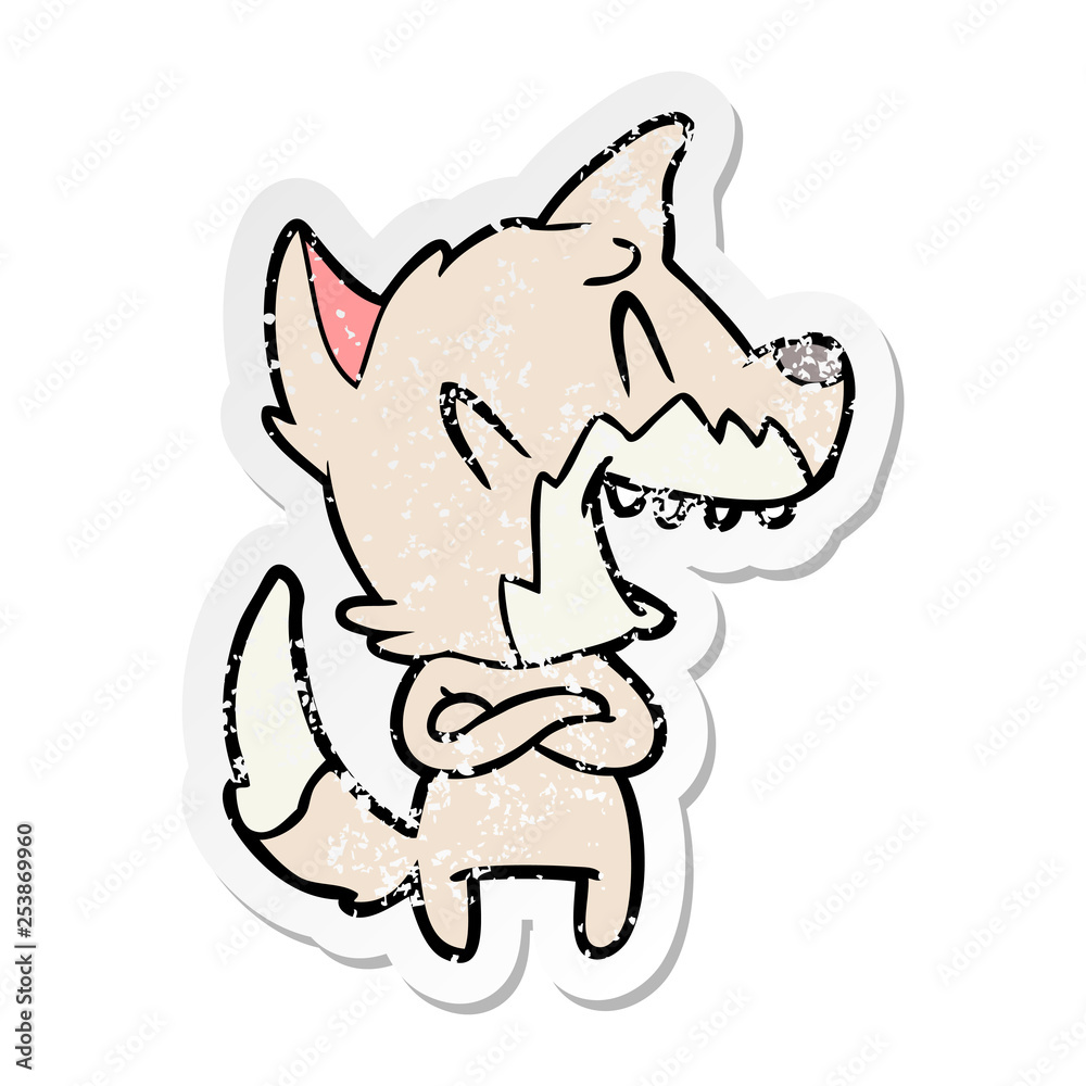 distressed sticker of a laughing fox cartoon distressed sticker of a laughing fox cartoon