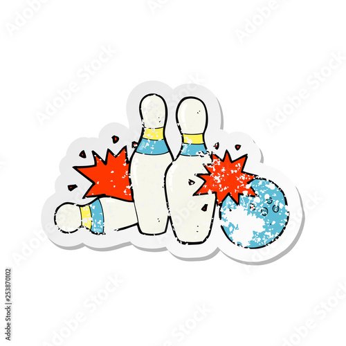 retro distressed sticker of a cartoon bowling ball and skittles