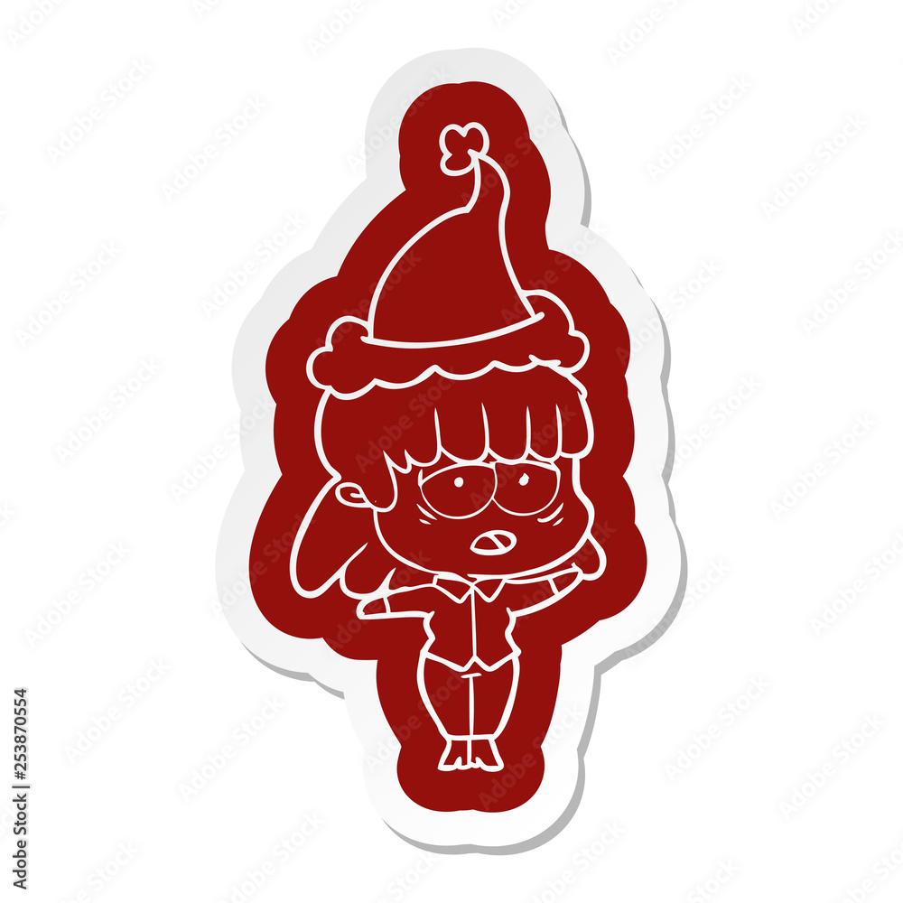 cartoon sticker of a tired woman wearing santa hat cartoon sticker of a tired woman wearing santa hat