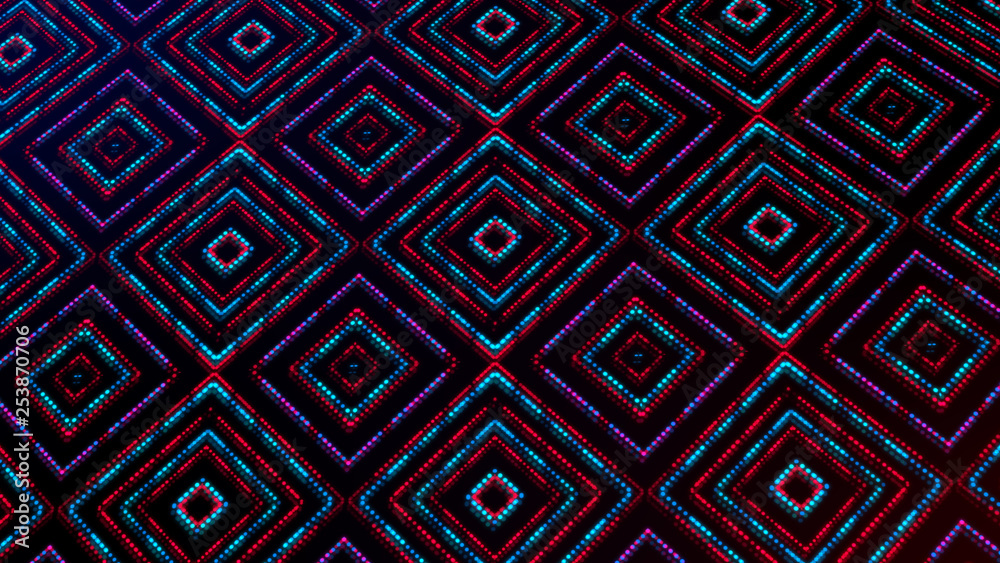 Animated light shining dots square shapes. Bright shining blue and red colored dots (round lights) with 3d camera movement. Abstract background with dots in space 3d illustration. Neon light effect Animated light shining dots square shapes. Bright shining blue and red colored dots (round lights) with 3d camera movement. Abstract background with dots in space 3d illustration. Neon light effect