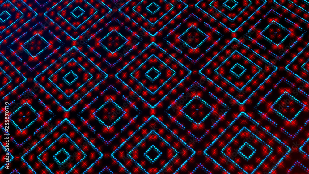 Animated light shining dots square shapes. Bright shining blue and red colored dots (round lights) with 3d camera movement. Abstract background with dots in space 3d illustration. Neon light effect Animated light shining dots square shapes. Bright shining blue and red colored dots (round lights) with 3d camera movement. Abstract background with dots in space 3d illustration. Neon light effect