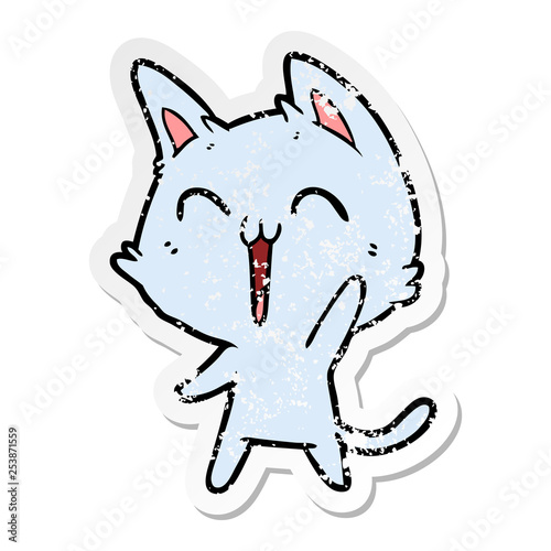 distressed sticker of a happy cartoon cat meowing