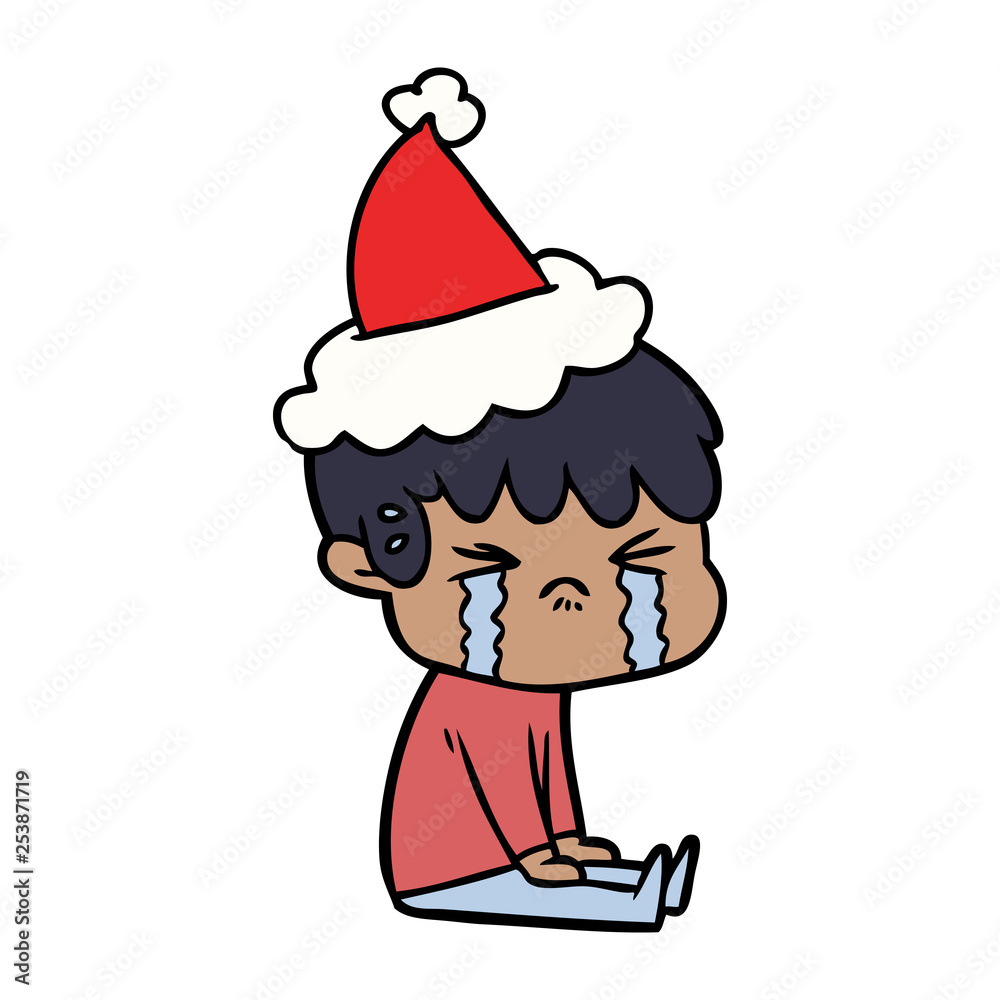 line drawing of a boy crying wearing santa hat