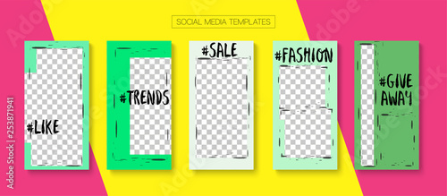 Editable Stories Minimal Vector Layout. Social Media Like and Share, Trends, Sale -50 Photo Frames Kit. Sale Insta Stories Layout