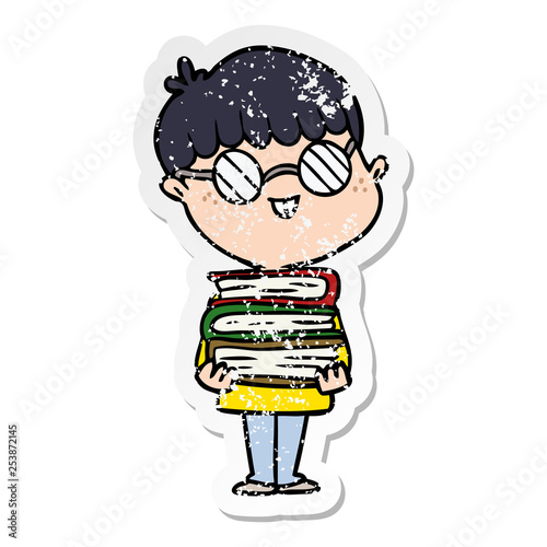 distressed sticker of a cartoon nerd boy with spectacles and book