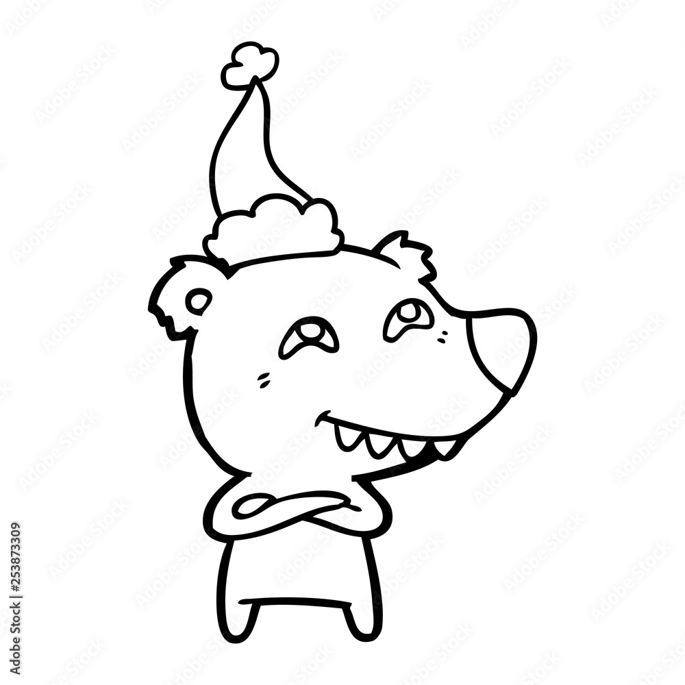 line drawing of a bear showing teeth wearing santa hat line drawing of a bear showing teeth wearing santa hat
