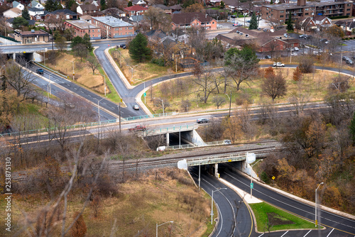 Aerial View of Road Interchange and Railway overpass on an Autumn Day