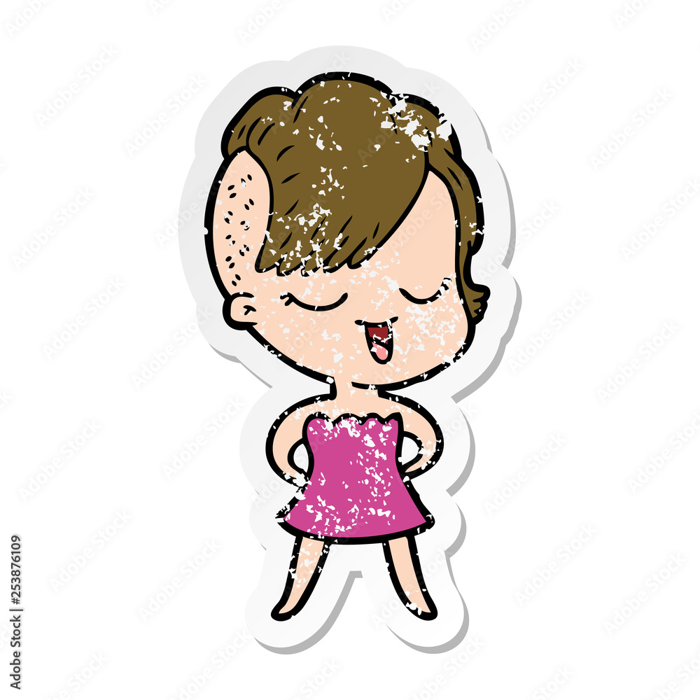distressed sticker of a happy cartoon girl in cocktail dress distressed sticker of a happy cartoon girl in cocktail dress