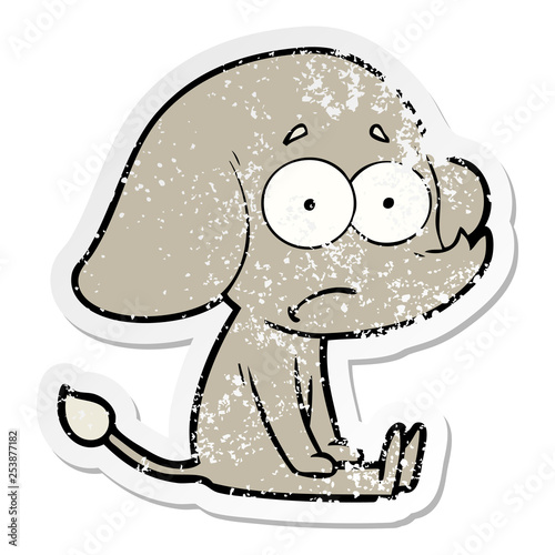 distressed sticker of a cartoon unsure elephant sat on floor