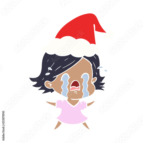 flat color illustration of a woman crying wearing santa hat