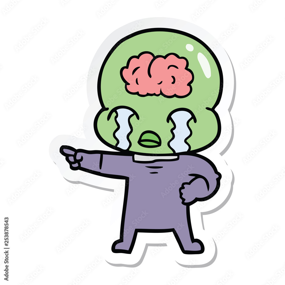 Obraz premium sticker of a cartoon big brain alien crying and pointing