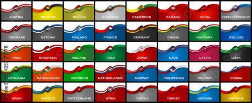 Big pack of 40 world country sport style flag classic ribbons on black background. Vector Illustration