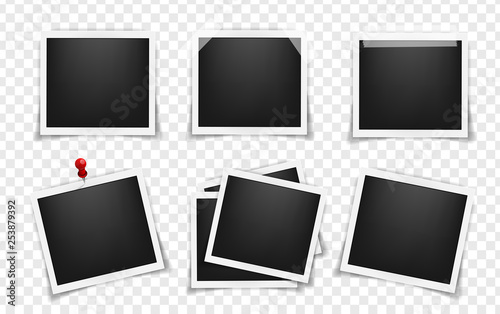 Pack of square realistic frame templates with shadows isolated on transparent background. Simple, on metal pin, on white sticky tape Vector illustration