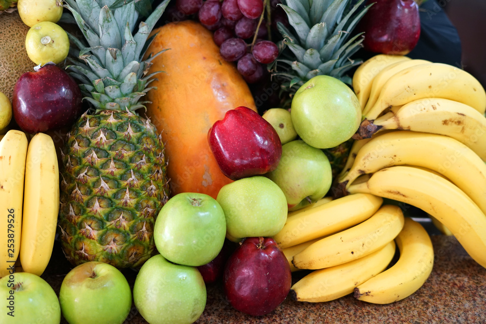 close up on stacking various fresh fruits