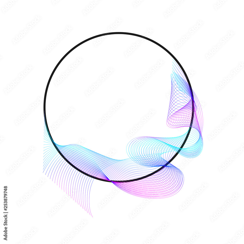 Wave of many colored lines over circle frame. Creative line art. Design elements created using the Blend Tool. 