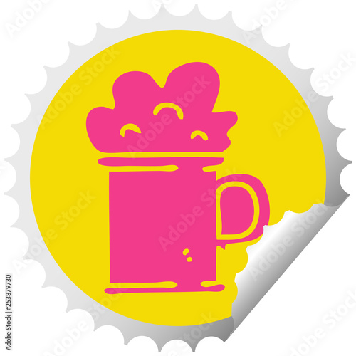 quirky circular peeling sticker cartoon tankard of beer