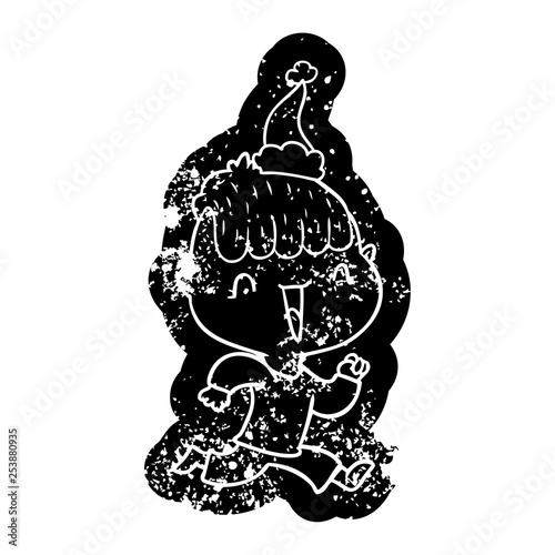 cartoon distressed icon of a happy boy surprised wearing santa hat