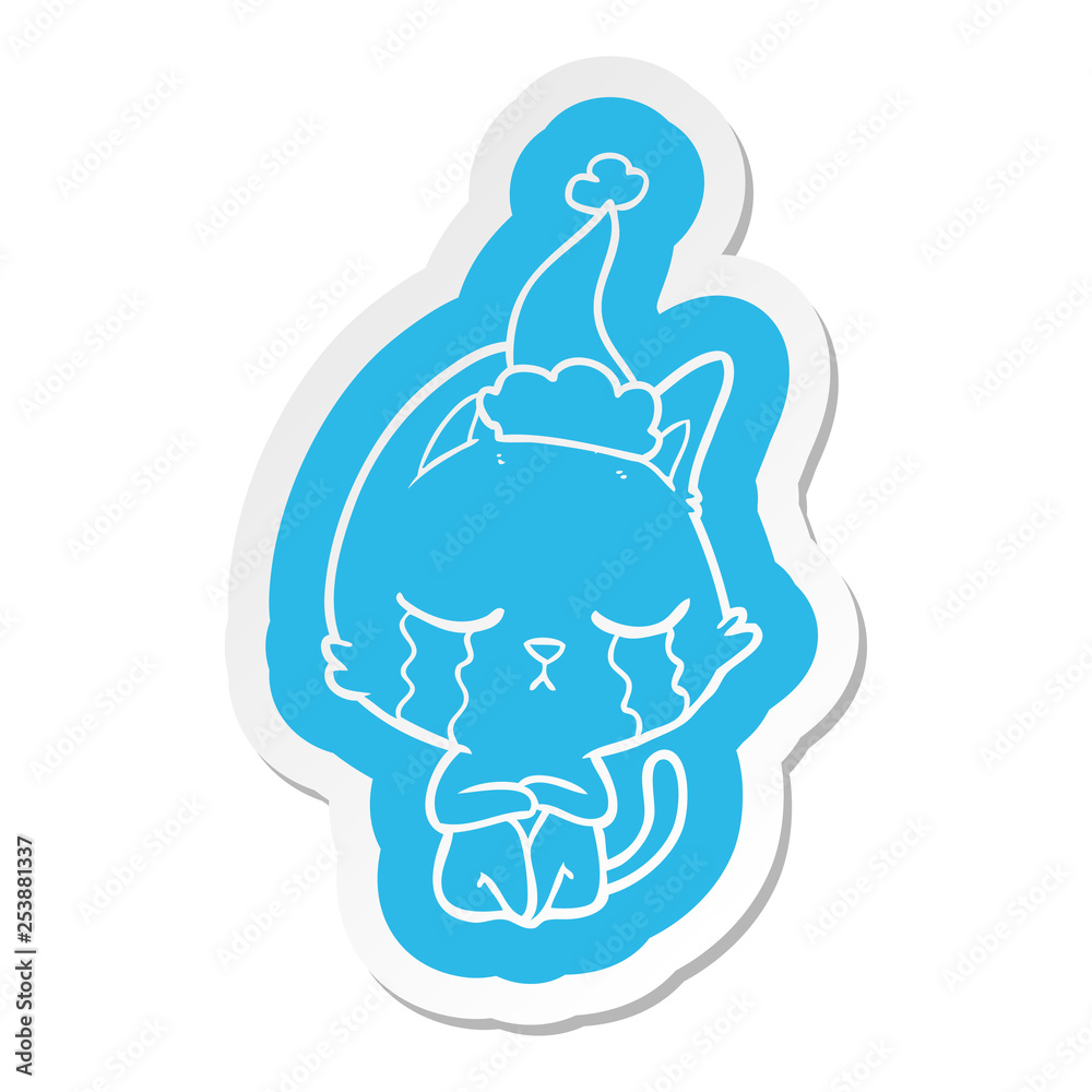 crying cartoon sticker of a cat sitting wearing santa hat crying cartoon sticker of a cat sitting wearing santa hat