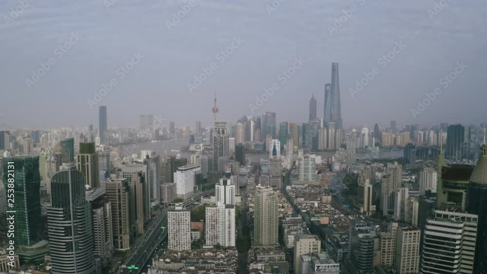 Urban drone shot and Shanghai skyline, during polluted day. Urban drone shot and Shanghai skyline, during polluted day.