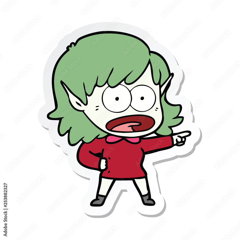 sticker of a cartoon shocked elf girl pointing sticker of a cartoon shocked elf girl pointing