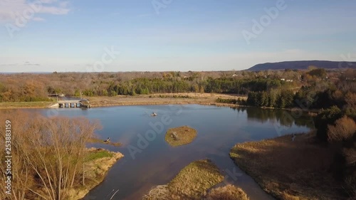 Drone footage over Clendenids Dam with ducks in it near The Blue Mounntains on a sunny day. photo