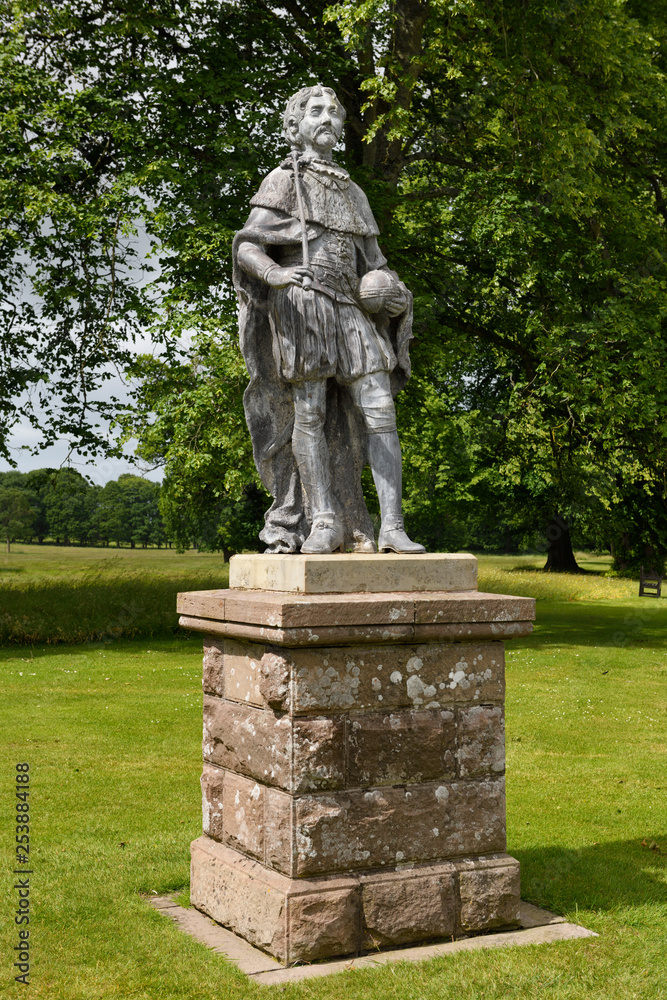 Life size lead statue of King James VI of Scotland and King James I of England with orb and sceptre at Glamis Castle Scotland UK