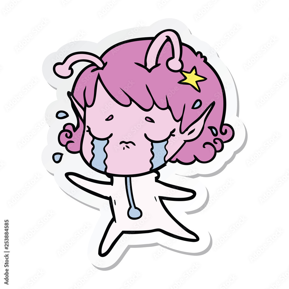 sticker of a cartoon crying alien girl sticker of a cartoon crying alien girl