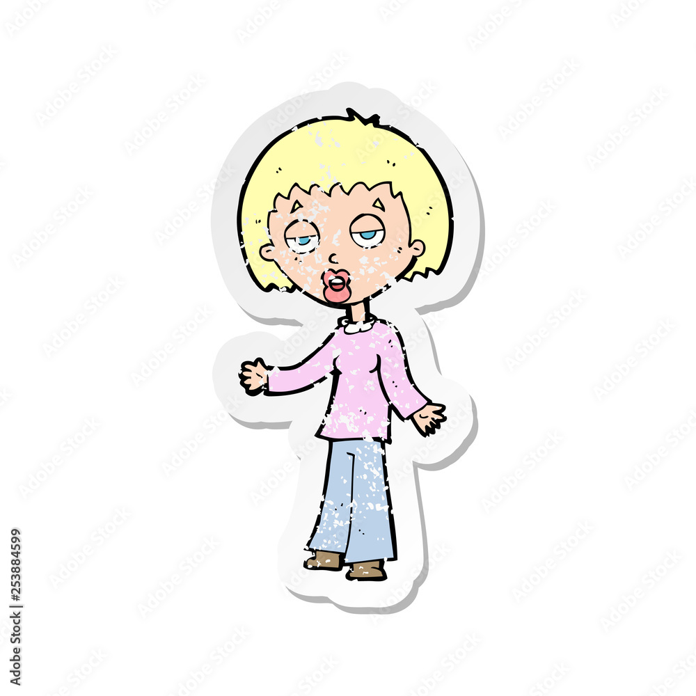 retro distressed sticker of a cartoon tired woman retro distressed sticker of a cartoon tired woman