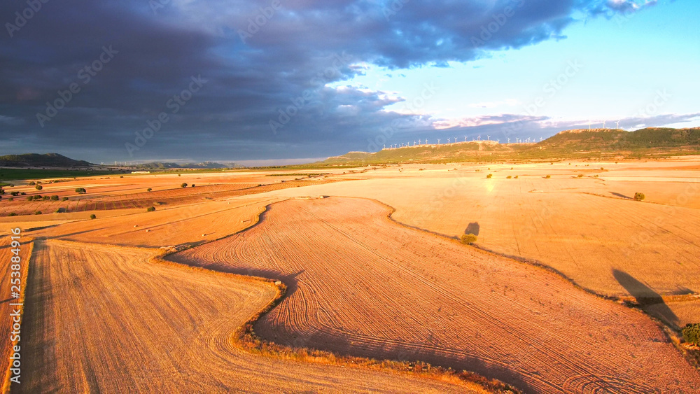 Aerial view of  golden fields in La Mancha.Albacete.Spain. Drone Photo