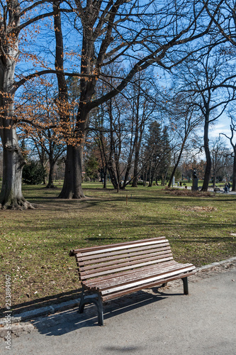 SOFIA, BULGARIA - MARCH 7, 2019: Landscape with Trees and gardens at Borisova gradina (Boris Garden) in city of Sofia, Bulgaria