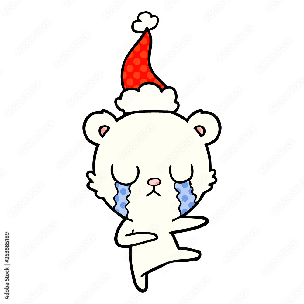 crying polar bear comic book style illustration of a wearing santa hat