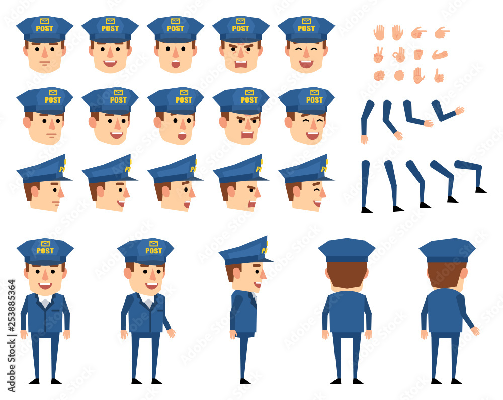 Postman character creation set. Various gestures, emotions, diverse poses, views. Create your own pose, animation. Flat style vector illustration