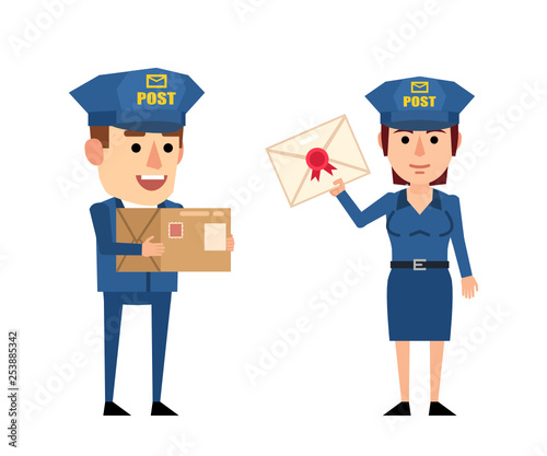 Cheerful couple of postal service personnel. Postman holding parcel box and postwoman with letter. Flat style vector illustration