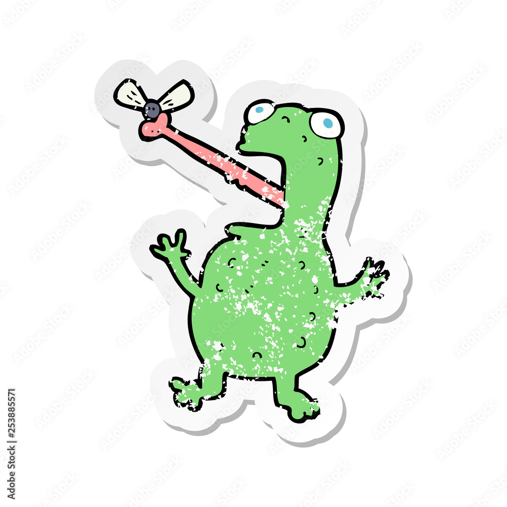 Naklejka premium retro distressed sticker of a cartoon frog catching fly